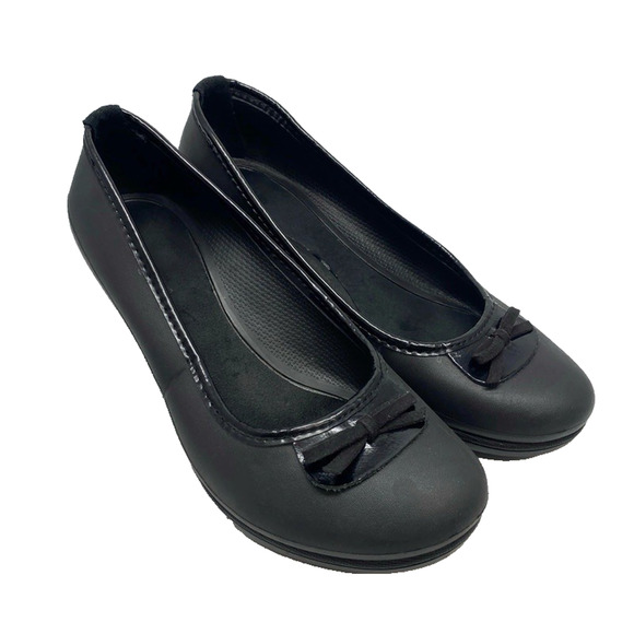 Crocs LYDIA Black Pumps 3" Wedge Heel Women's‎ US 8 Platform Shoes Accent Bow - Picture 1 of 11